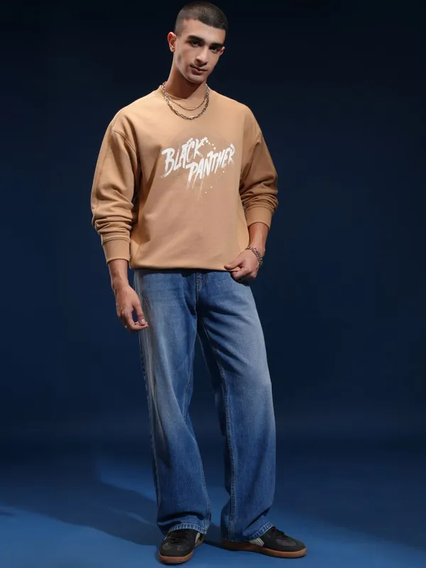 Marvel By Highlander Men Brown Black Panther Round Neck Pullover Sweatshirt