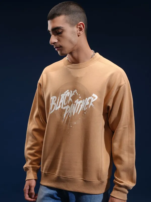 Marvel By Highlander Men Brown Black Panther Round Neck Pullover Sweatshirt