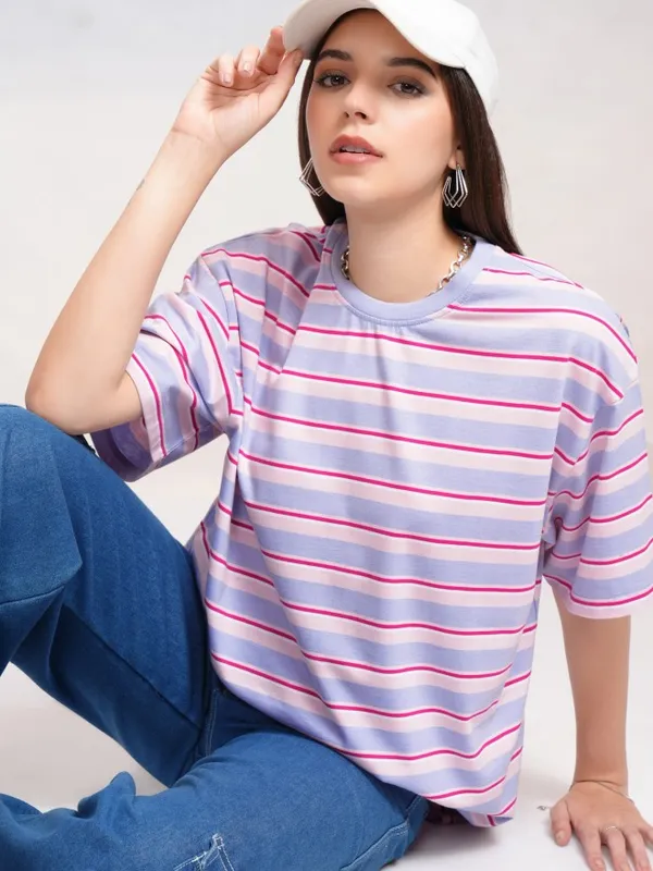 Tokyo Talkies Women Blue Striped Round Neck Oversized Fit T-Shirt