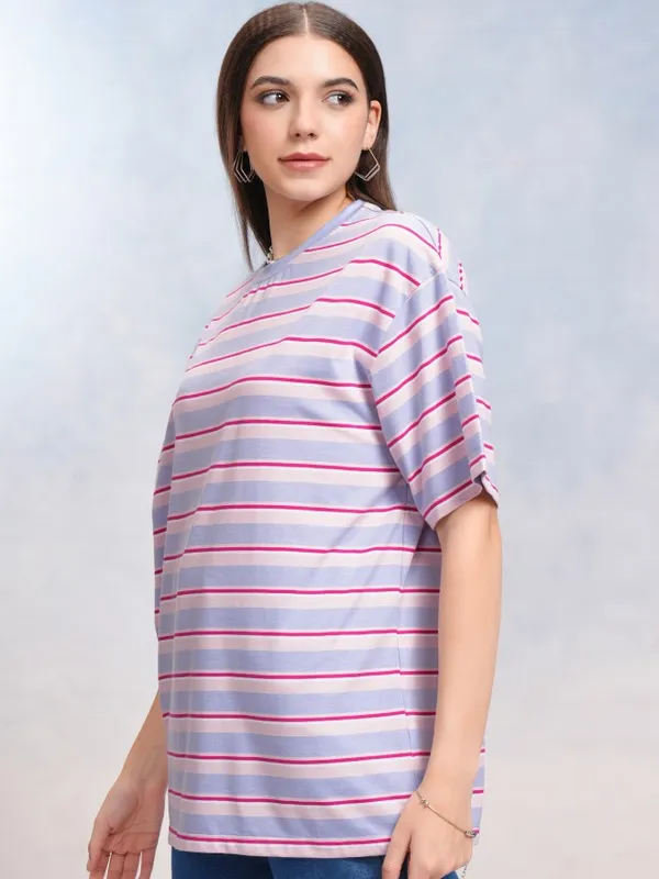 Tokyo Talkies Women Blue Striped Round Neck Oversized Fit T-Shirt