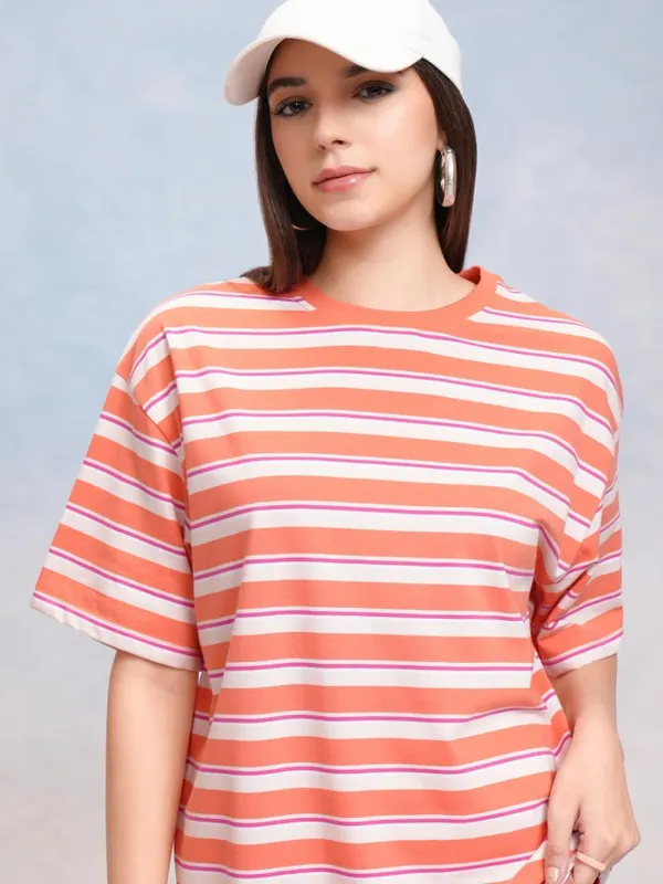Tokyo Talkies Women Coral Striped Round Neck Oversized Fit T-Shirt