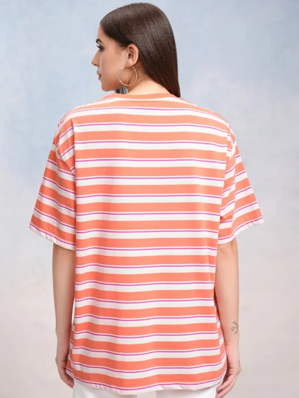 Tokyo Talkies Women Coral Striped Round Neck Oversized Fit T-Shirt