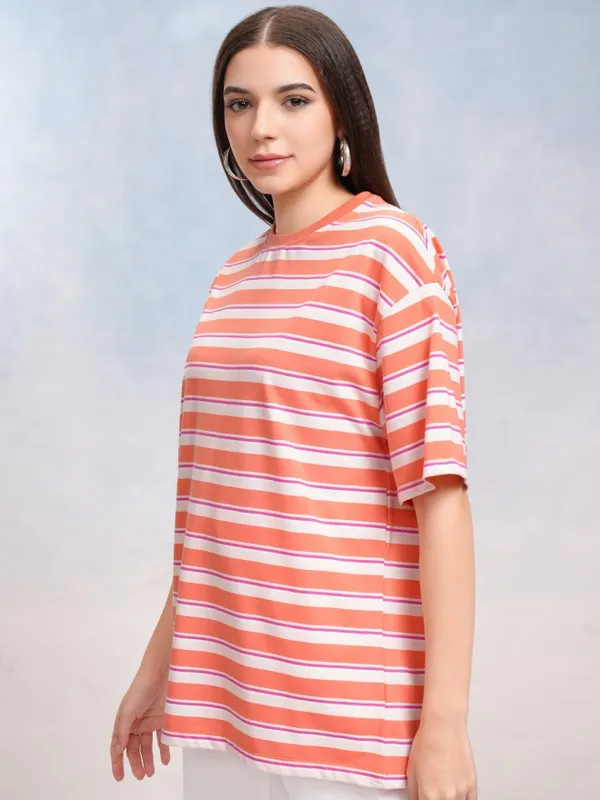 Tokyo Talkies Women Coral Striped Round Neck Oversized Fit T-Shirt