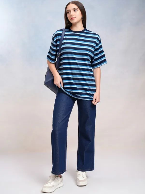 Tokyo Talkies Women Navy Blue Striped Round Neck Oversized Fit T-Shirt