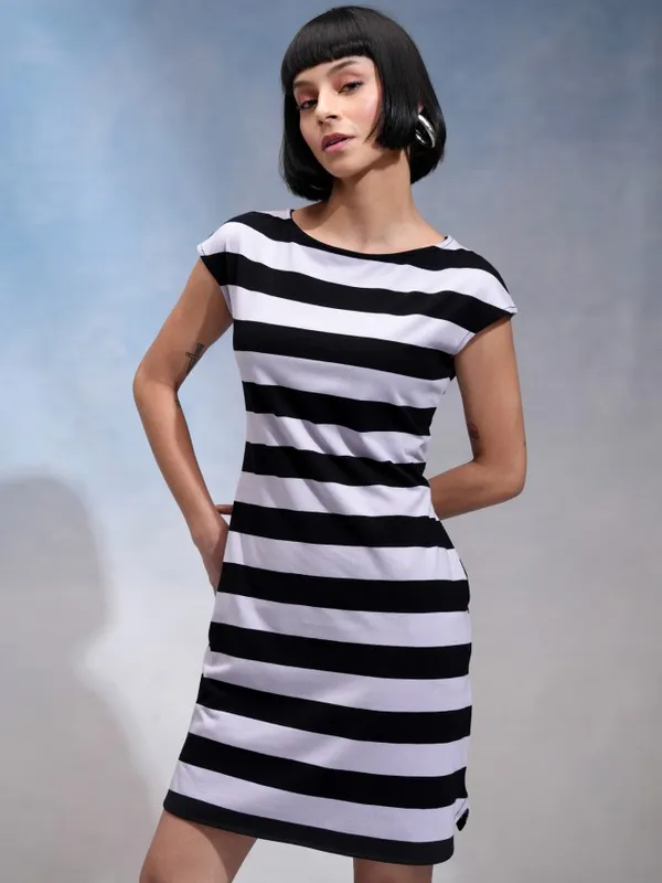Tokyo Talkies Women Black Striped Sheath Dress