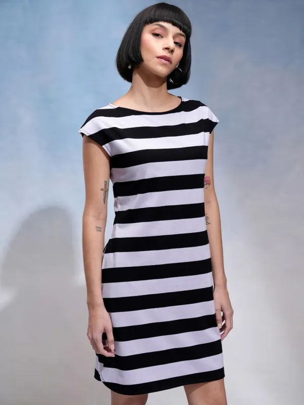 Tokyo Talkies Women Black Striped Sheath Dress