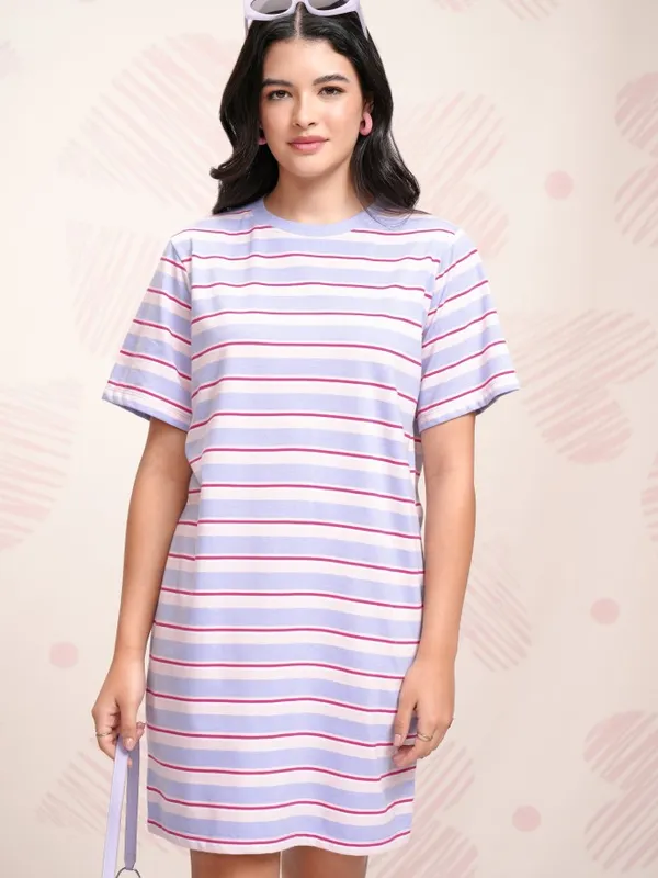 Tokyo Talkies Women Blue Striped T-shirt Dress