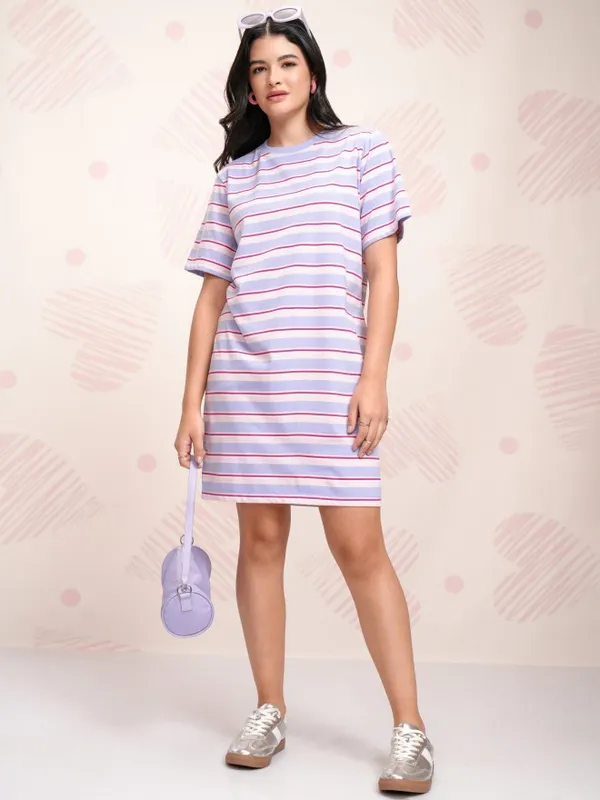 Tokyo Talkies Women Blue Striped T-shirt Dress