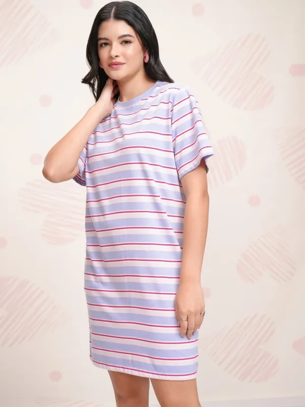 Tokyo Talkies Women Blue Striped T-shirt Dress