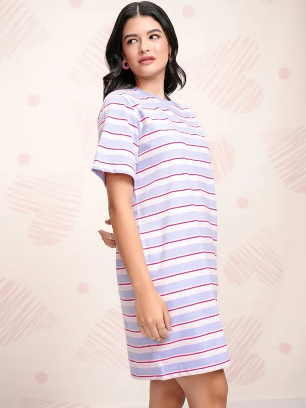 Tokyo Talkies Women Blue Striped T-shirt Dress