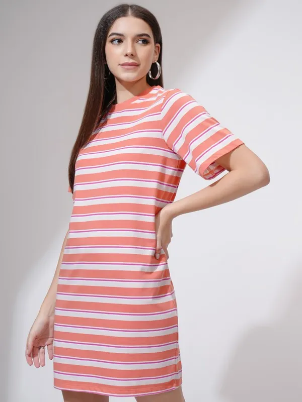 Tokyo Talkies Women Coral Striped T-Shirt Dress