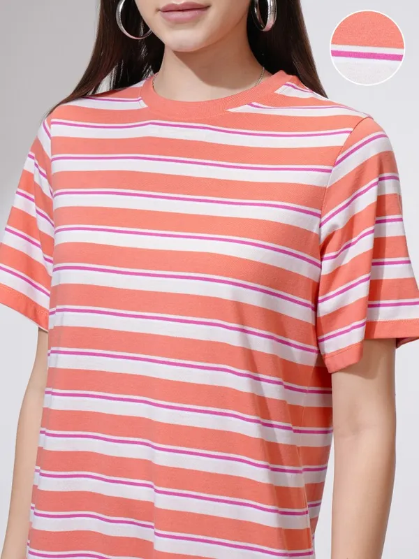 Tokyo Talkies Women Coral Striped T-Shirt Dress