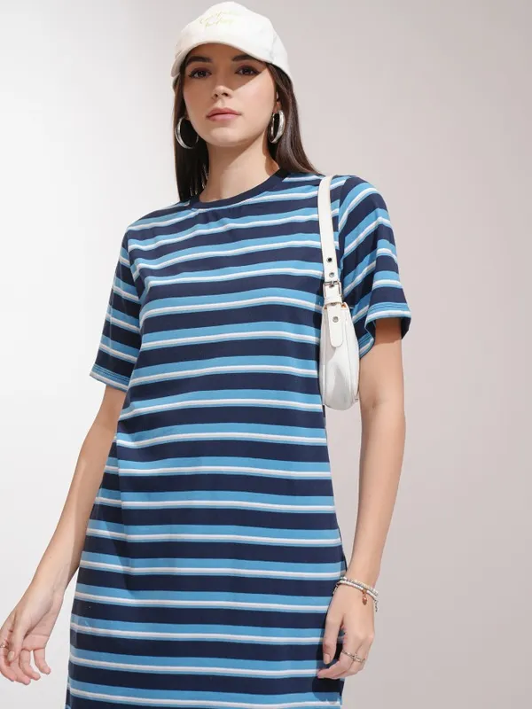 Tokyo Talkies Women Navy Blue Striped T-Shirt Dress