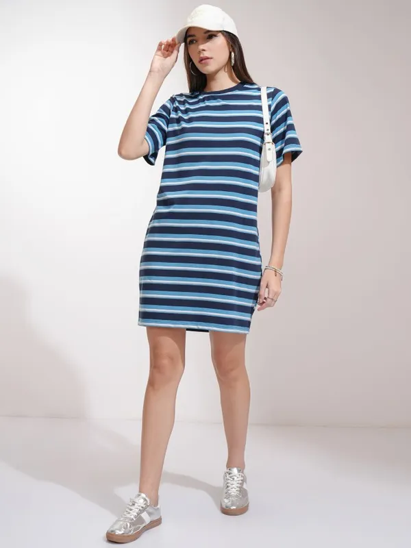 Tokyo Talkies Women Navy Blue Striped T-Shirt Dress