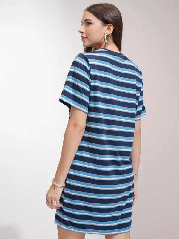 Tokyo Talkies Women Navy Blue Striped T-Shirt Dress
