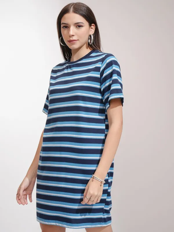 Tokyo Talkies Women Navy Blue Striped T-Shirt Dress