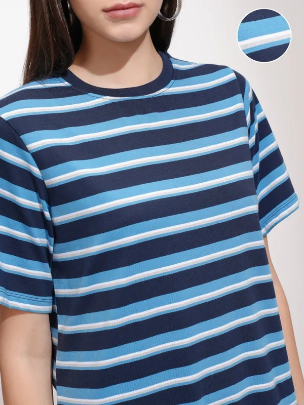 Tokyo Talkies Women Navy Blue Striped T-Shirt Dress