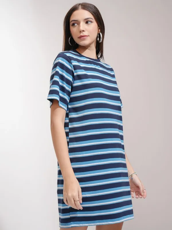 Tokyo Talkies Women Navy Blue Striped T-Shirt Dress