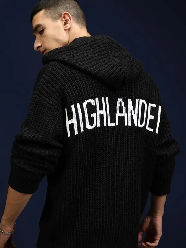 Highlander Men Black Hood Front-Open Sweater