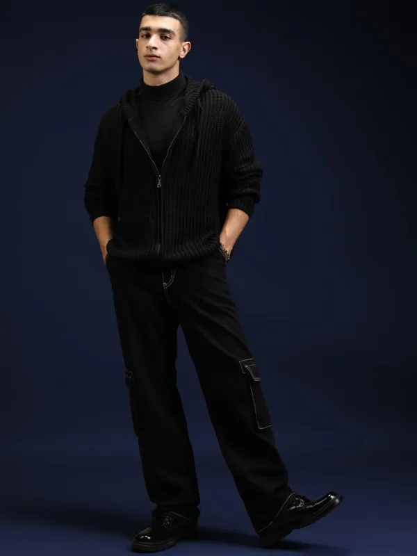 Highlander Men Black Hood Front-Open Sweater