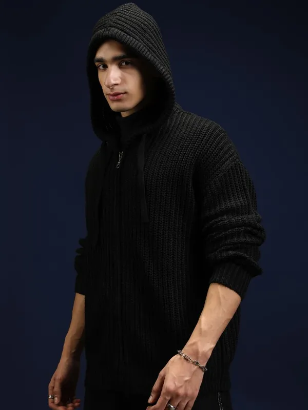 Highlander Men Black Hood Front-Open Sweater