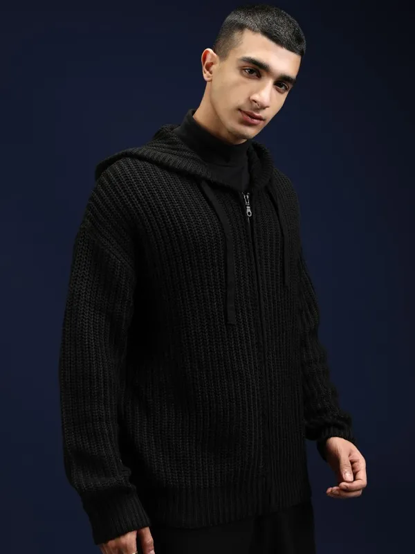 Highlander Men Black Hood Front-Open Sweater