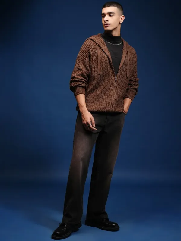 Highlander Men Brown Hood Front-Open Sweater