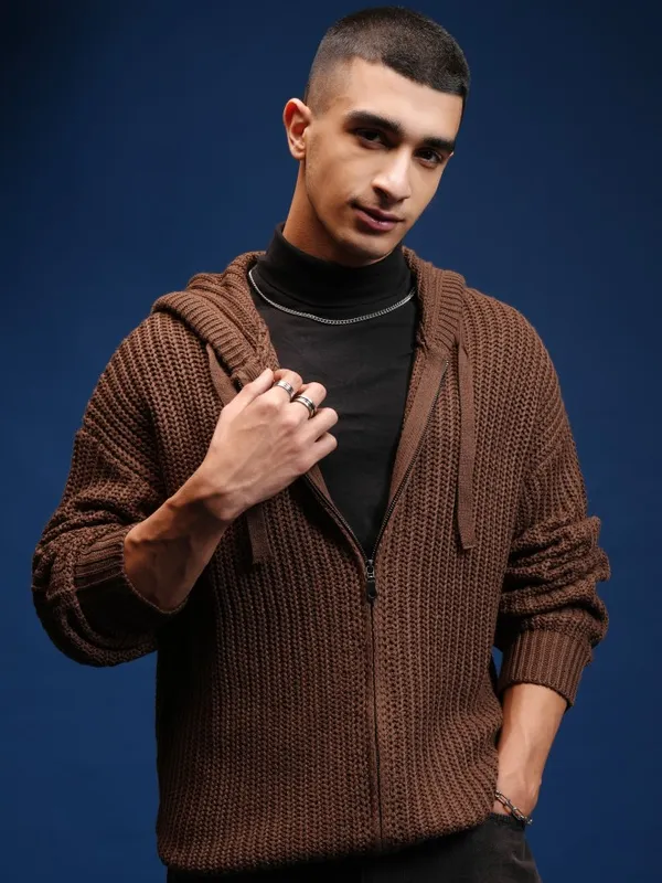 Highlander Men Brown Hood Front-Open Sweater
