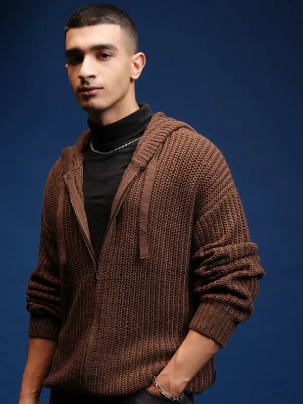 Highlander Men Brown Hood Front-Open Sweater