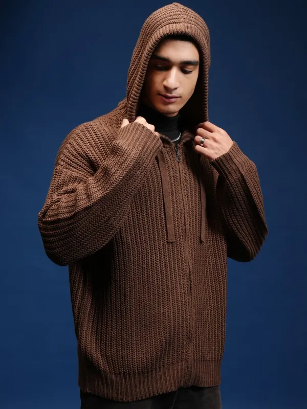 Highlander Men Brown Hood Front-Open Sweater