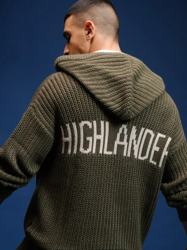 Highlander Men Green Hood Front-Open Sweater