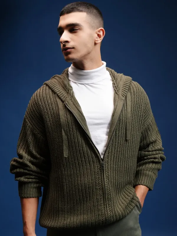Highlander Men Green Hood Front-Open Sweater