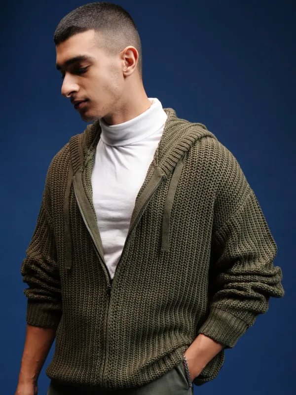 Highlander Men Green Hood Front-Open Sweater