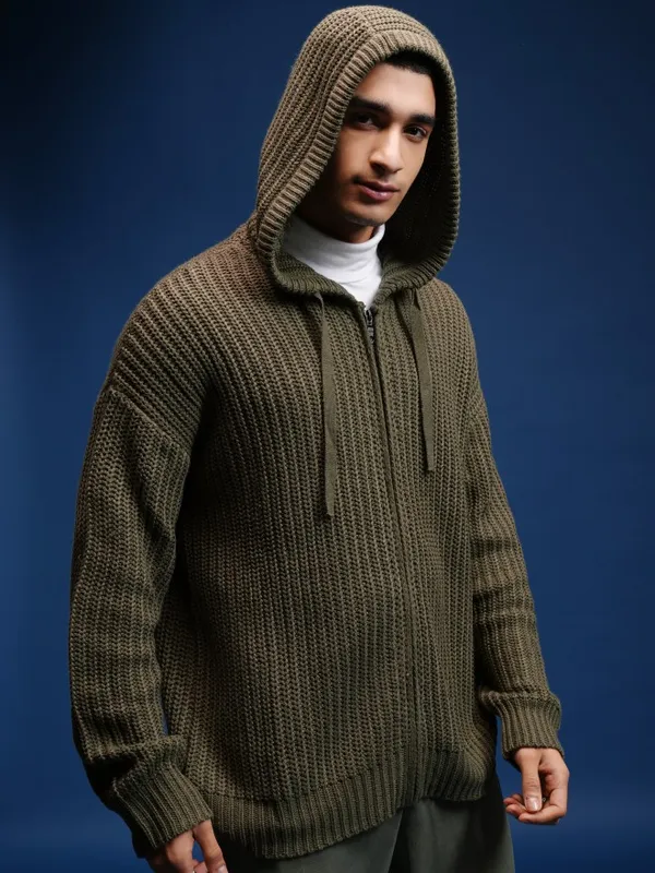 Highlander Men Green Hood Front-Open Sweater
