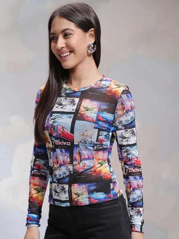 Pixar By Tokyo Talkies Women Black Cars Printed Fitted Top