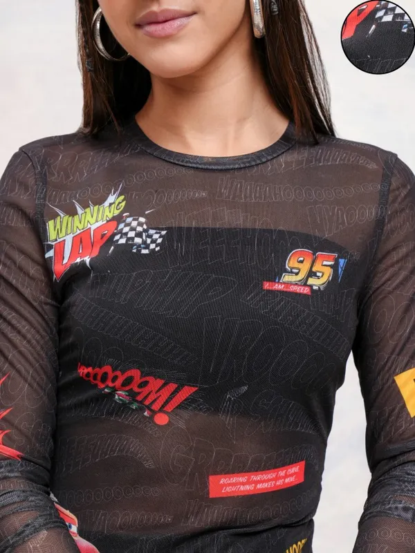 Pixar By Tokyo Talkies Women Black Cars Printed Fitted Top