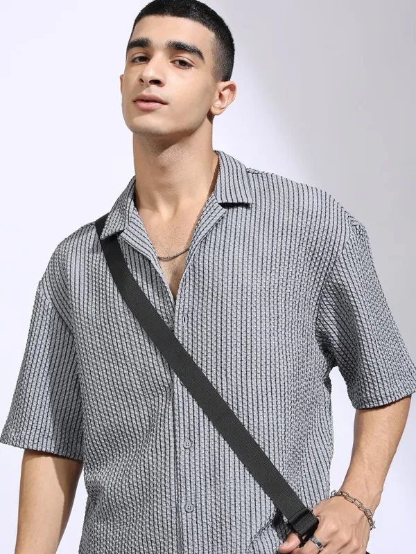 Highlander Men Grey Self Design Oversized Fit Casual Shirt