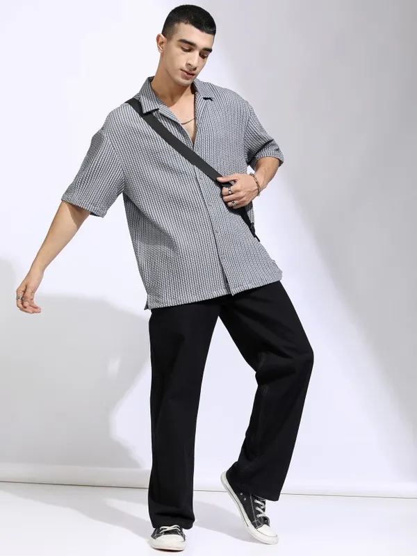 Highlander Men Grey Self Design Oversized Fit Casual Shirt