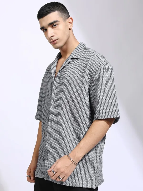 Highlander Men Grey Self Design Oversized Fit Casual Shirt