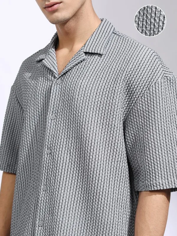 Highlander Men Grey Self Design Oversized Fit Casual Shirt