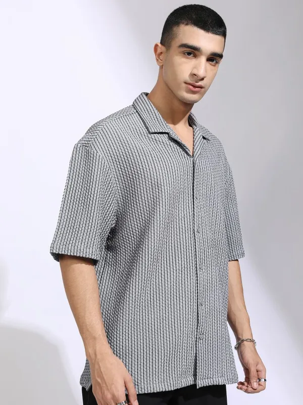 Highlander Men Grey Self Design Oversized Fit Casual Shirt