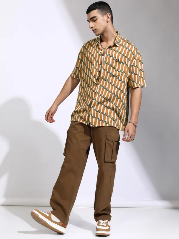 Highlander Men Mustard Printed Oversized Fit Casual Shirt