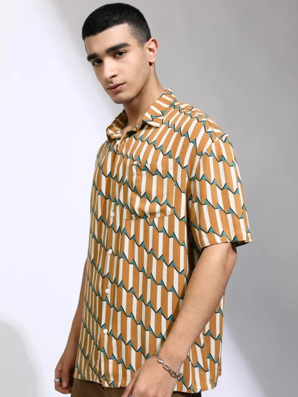 Highlander Men Mustard Printed Oversized Fit Casual Shirt