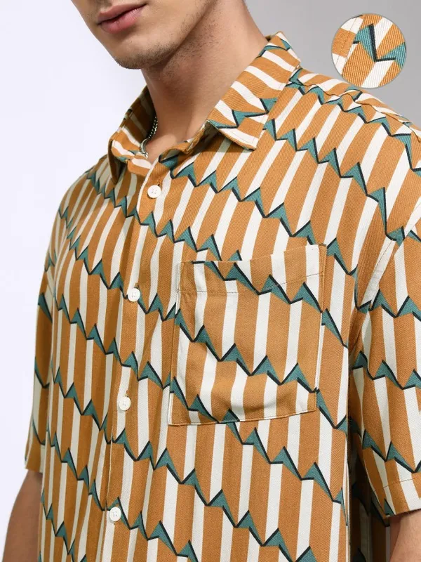 Highlander Men Mustard Printed Oversized Fit Casual Shirt