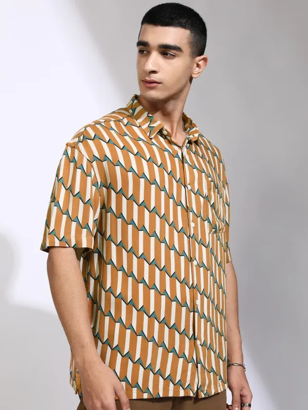 Highlander Men Mustard Printed Oversized Fit Casual Shirt