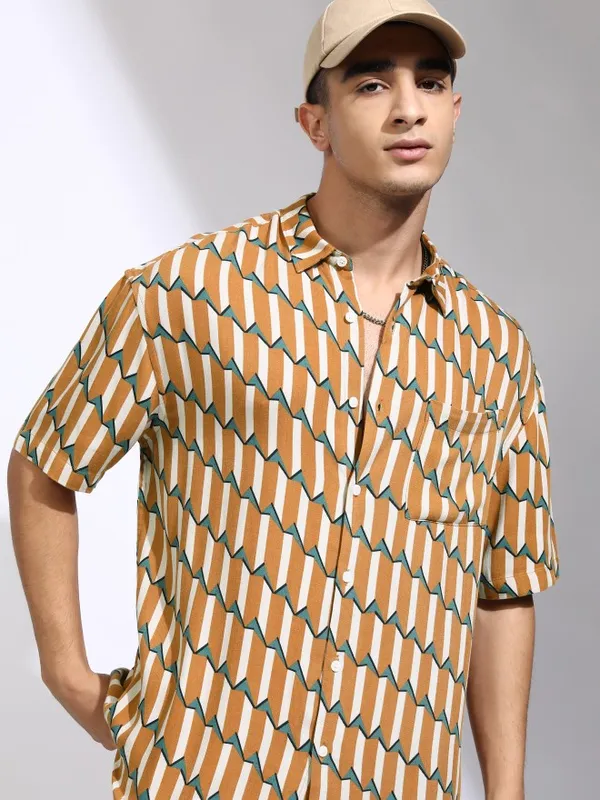 Highlander Men Mustard Printed Oversized Fit Casual Shirt
