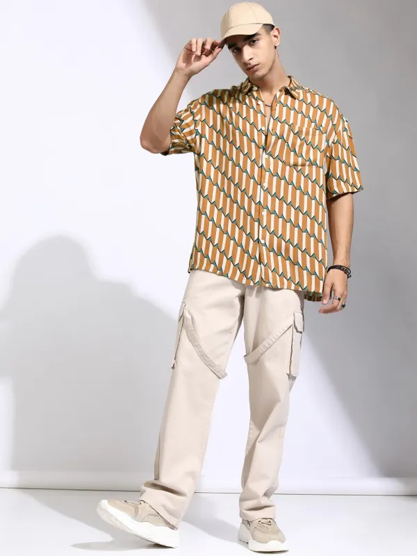 Highlander Men Mustard Printed Oversized Fit Casual Shirt