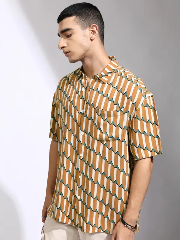 Highlander Men Mustard Printed Oversized Fit Casual Shirt