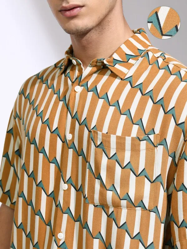 Highlander Men Mustard Printed Oversized Fit Casual Shirt