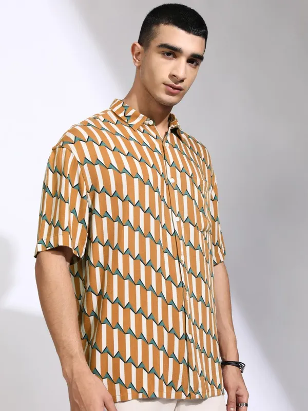 Highlander Men Mustard Printed Oversized Fit Casual Shirt